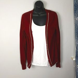 Maroon Sweater Cardigan with Gold Chain